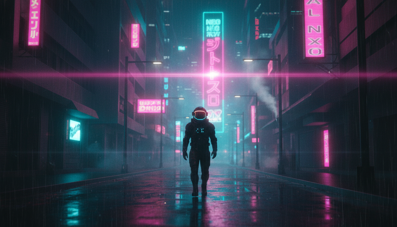 A cinematic shot of a lone astronaut on a neon-lit street, anamorphic lens, 35mm film grain